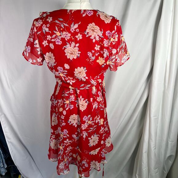 Lush Red Floral Wrap Dress Women's Medium Short Sleeve Ruffle Chiffon Lined - Picture 9 of 15